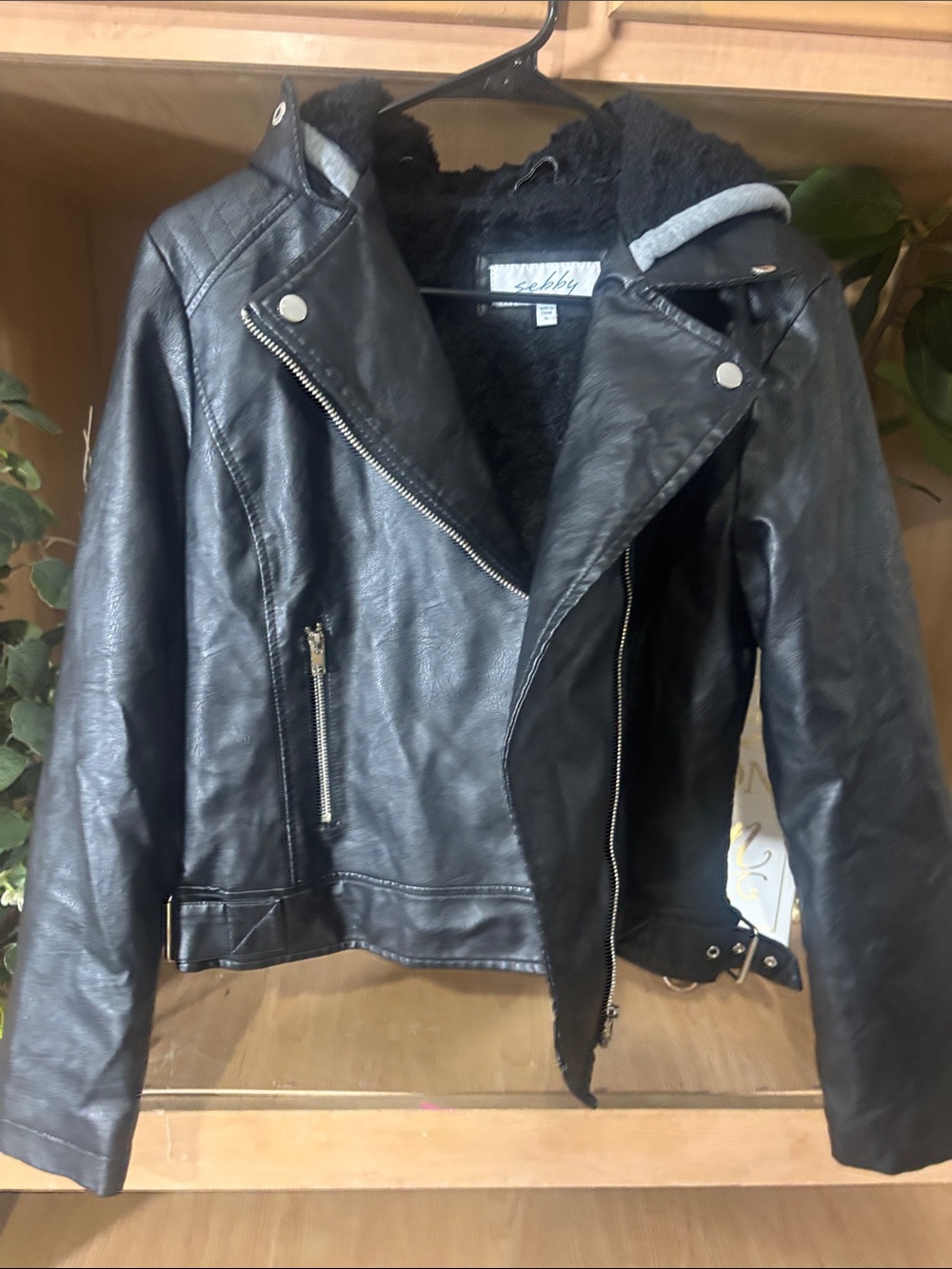 Sebby Black Faux Leather Moto Jacket Faux Fur Hood L
